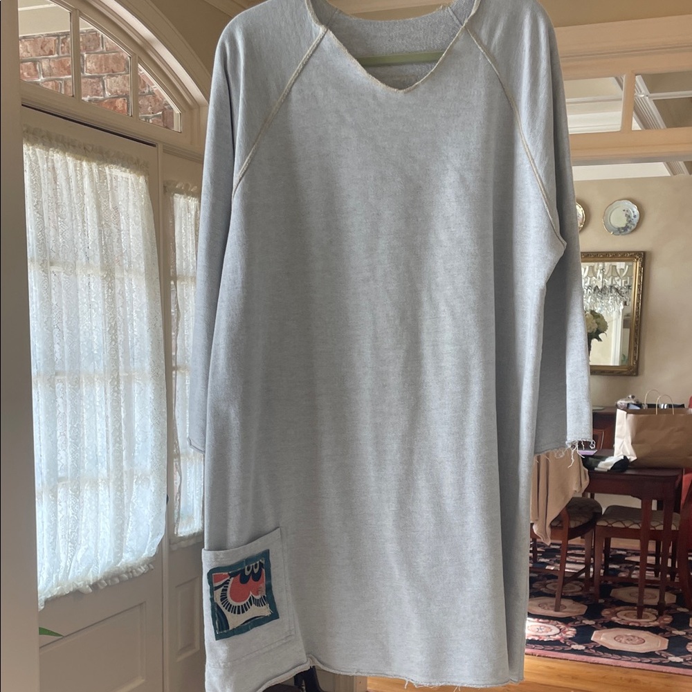 Gray V-Neck Long Sleeve Sweatshirt Dress with Pocket Detail  one size